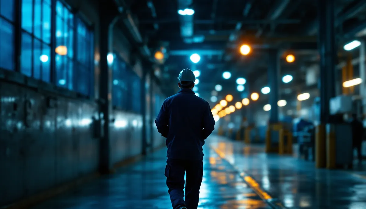Trabalhador de uniforme e capacete caminhando por um corredor industrial iluminado durante a madrugada