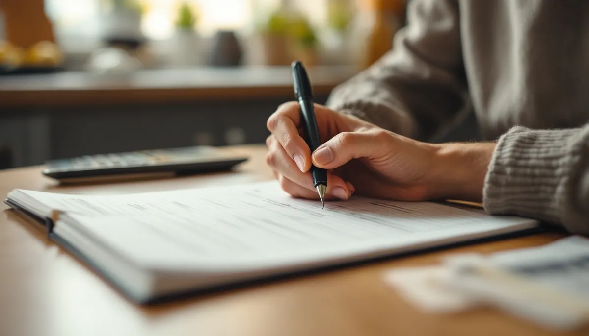Mãos anotando um orçamento doméstico em um caderno sobre a mesa da cozinha, com calculadora ao lado