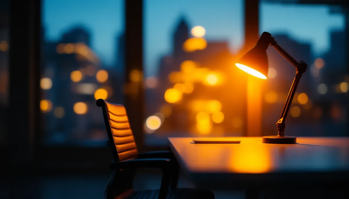 Escritório vazio ao anoitecer com uma luminária de mesa acesa e as luzes da cidade desfocadas na janela