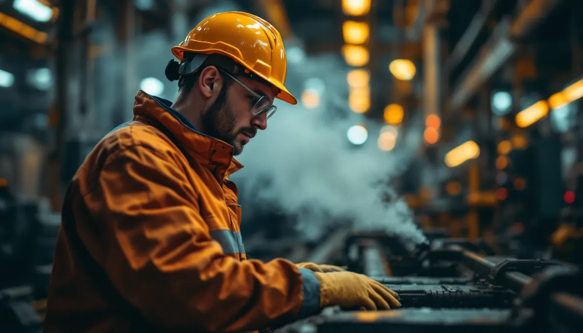 Trabalhador industrial com capacete, óculos de proteção e luvas operando equipamento em uma fábrica